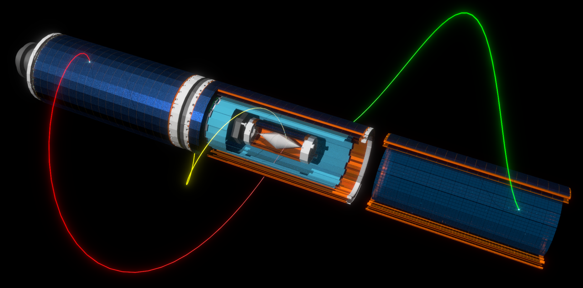 Enlarged view: Rendering of the Mu3e detector (Phase I). Mu3e searches for the charged lepton number violating decay of anti-muons into two positrons and one electron.